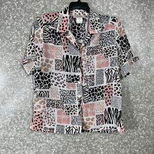 Donnkenny Women's Vintage Pink Patchwork Leopard Print Top - Size Medium Petite